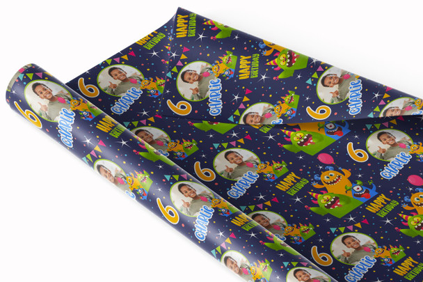 Personalised Wrapping Paper Kids Birthday Monsters Photo Navy Custom Gift Wrap