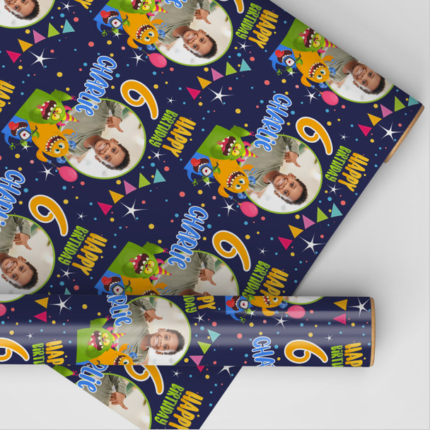 Personalised Wrapping Paper Kids Birthday Navy Monsters Photo Custom Gift-Wrap
