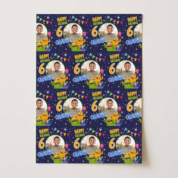 Personalised Wrapping Paper Kids Birthday Navy Monsters Photo Custom Gift-Wrap