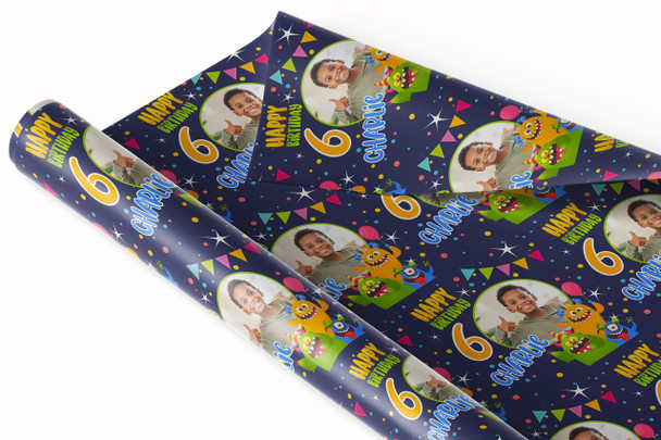 Personalised Wrapping Paper Kids Birthday Navy Monsters Photo Custom Gift-Wrap