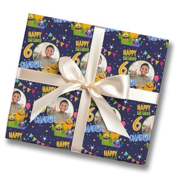 Personalised Wrapping Paper Kids Birthday Navy Monsters Photo Custom Gift-Wrap