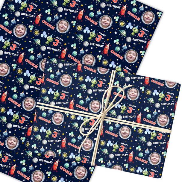Personalised Wrapping Paper Kids Birthday Navy Photo Aliens Custom Gift Wrap