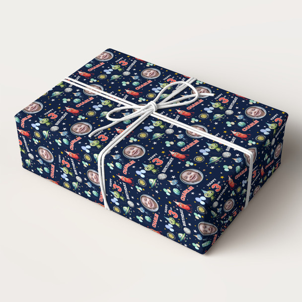 Personalised Wrapping Paper Kids Birthday Navy Photo Aliens Custom Gift Wrap