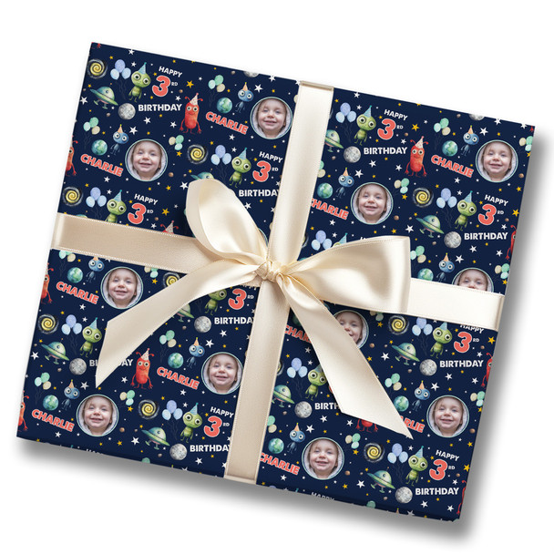 Personalised Wrapping Paper Kids Birthday Navy Photo Aliens Custom Gift Wrap