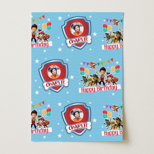 Personalised Wrapping Paper Kids Birthday Paw Patrol Blue Custom Gift Wrap
