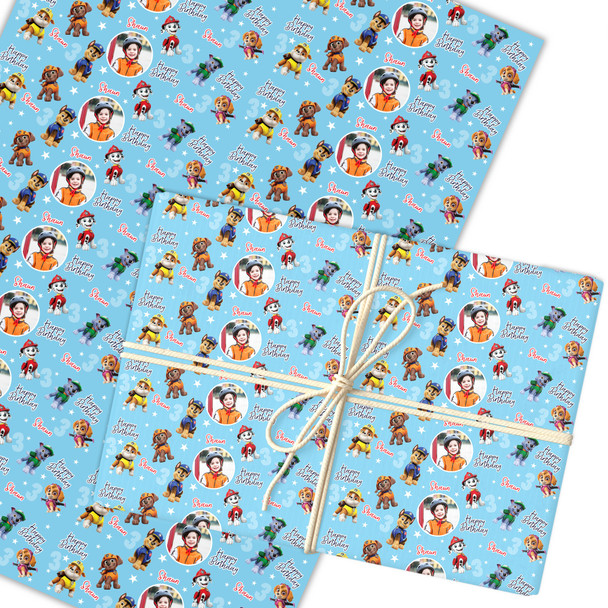 Personalised Wrapping Paper Kids Birthday Photo Blue Paw Patrol Custom Gift Wrap