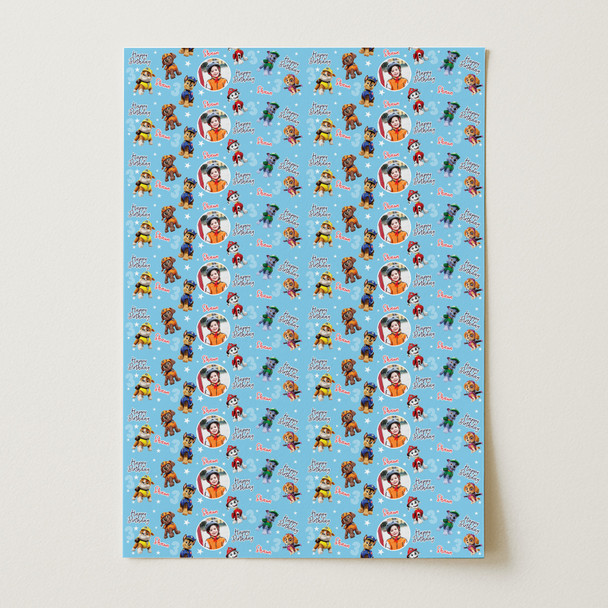 Personalised Wrapping Paper Kids Birthday Photo Blue Paw Patrol Custom Gift Wrap