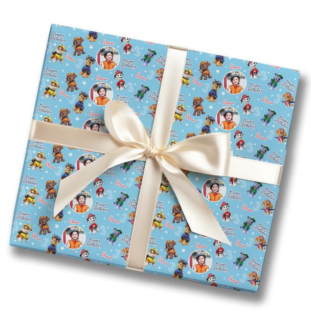 Personalised Wrapping Paper Kids Birthday Photo Blue Paw Patrol Custom Gift Wrap