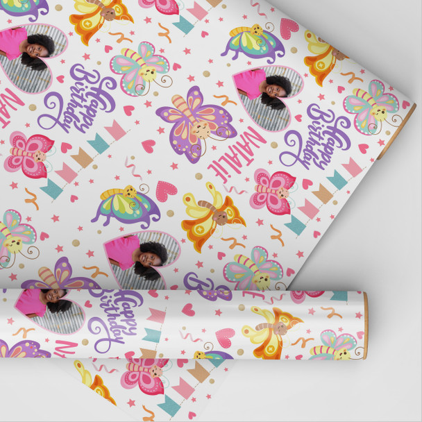 Personalised Wrapping Paper Kids Birthday Photo Butterflies Custom Gift Wrap
