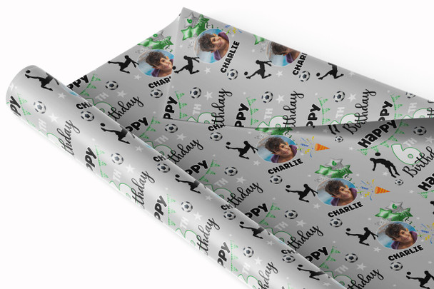 Personalised Wrapping Paper Kids Birthday Photo Football Boys Custom Gift Wrap