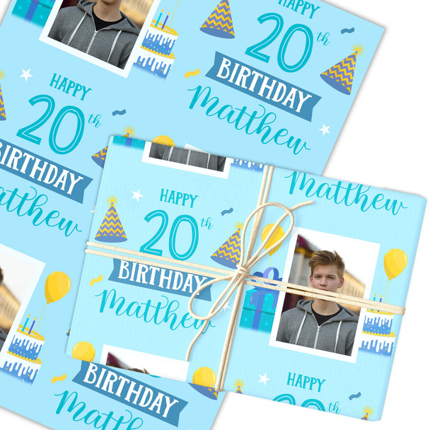 Personalised Wrapping Paper 20th Birthday Blue Photo Boys Custom Gift Wrap Personalised Wrapping Paper 20th Birthday Blue Photo Boys Custom Gift Wrap