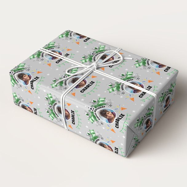 Personalised Wrapping Paper Kids Birthday Photo Grey Football Custom Gift Wrap