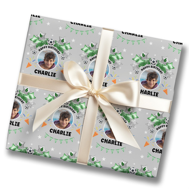 Personalised Wrapping Paper Kids Birthday Photo Grey Football Custom Gift Wrap