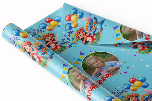 Personalised Wrapping Paper Kids Birthday Photo Lilo & Stitch Custom Gift-Wrap