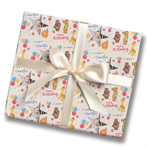 Personalised Wrapping Paper Kids Birthday Photo Safari Animals Custom Gift Wrap