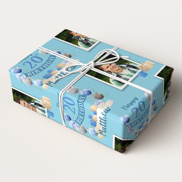 Personalised Wrapping Paper 20th Birthday Blue Photo For Him Custom Gift Wrap