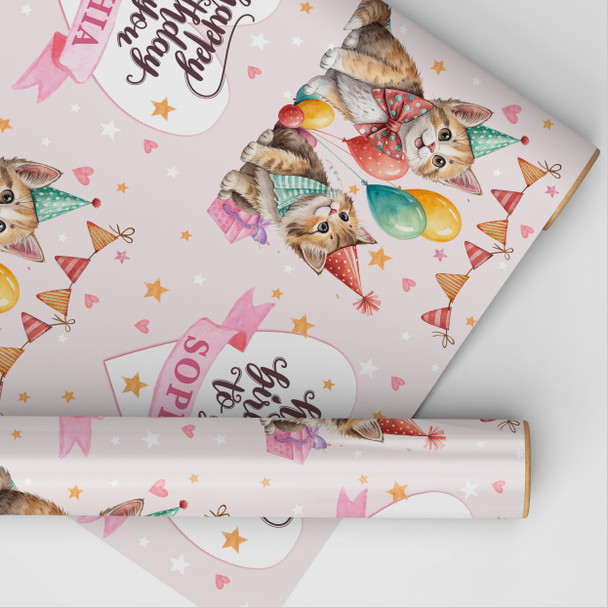 Personalised Wrapping Paper Kids Birthday Pink Party Cats Girls Custom Gift Wrap