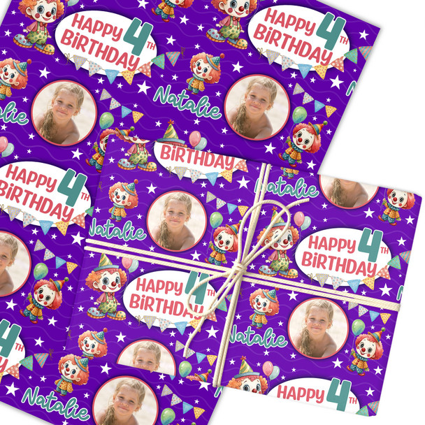 Personalised Wrapping Paper Kids Birthday Purple Clowns Photo Custom Gift Wrap