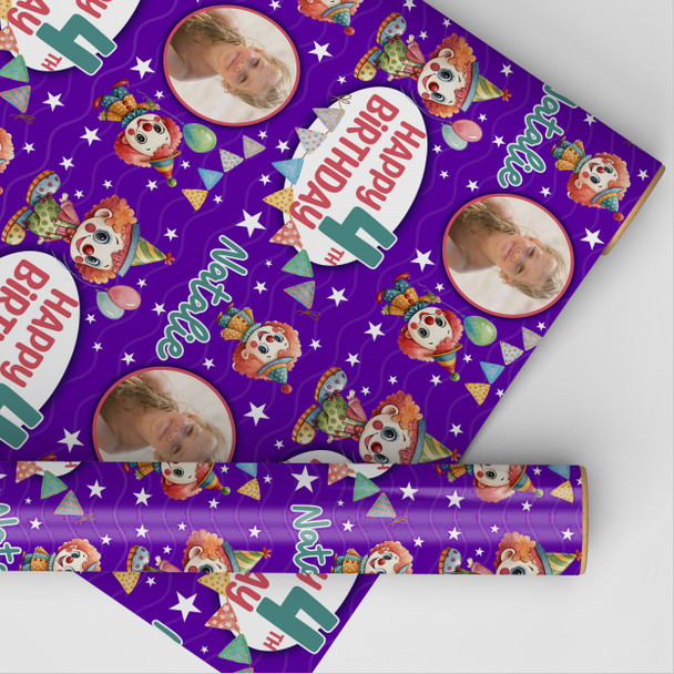 Personalised Wrapping Paper Kids Birthday Purple Clowns Photo Custom Gift Wrap