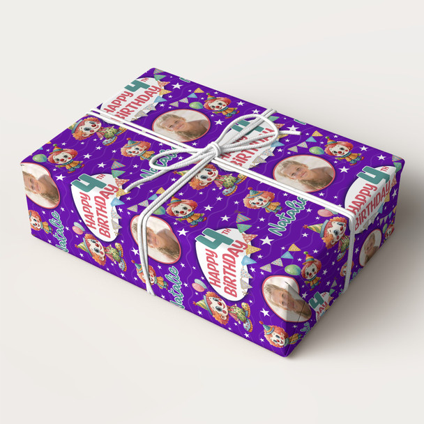 Personalised Wrapping Paper Kids Birthday Purple Clowns Photo Custom Gift Wrap