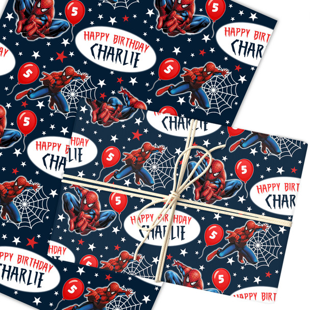 Personalised Wrapping Paper Kids Birthday Spiderman Navy Boys Custom Gift Wrap