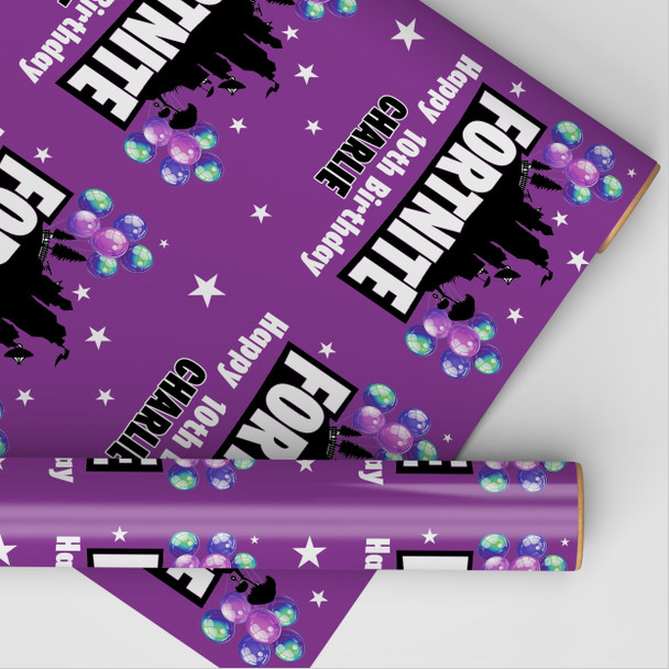 Personalised Wrapping Paper Kids Birthday Stars Fortnite Purple Custom Gift-Wrap