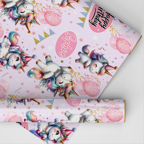 Personalised Wrapping Paper Kids Birthday Unicorns Pink Girls Custom Gift Wrap