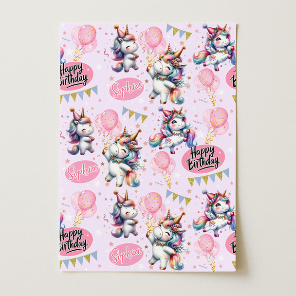 Personalised Wrapping Paper Kids Birthday Unicorns Pink Girls Custom Gift Wrap
