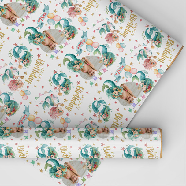 Personalised Wrapping Paper Kids Birthday Mermaid Photo Custom Gift Wrap