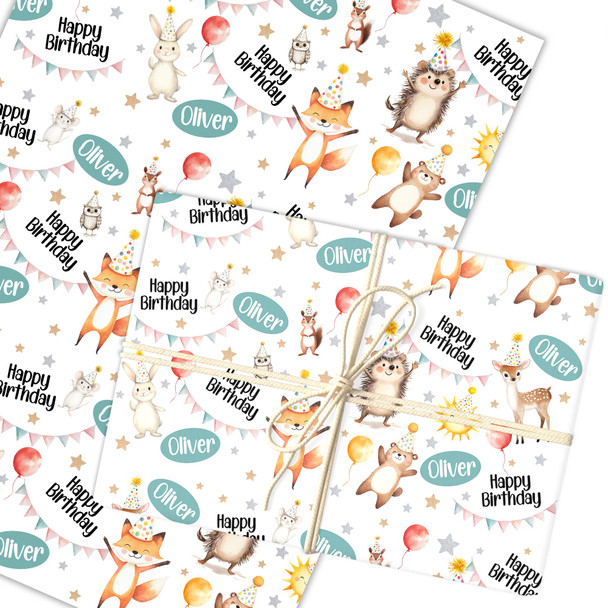 Personalised Wrapping Paper Kids Birthday White Woodland Animal Custom Gift Wrap