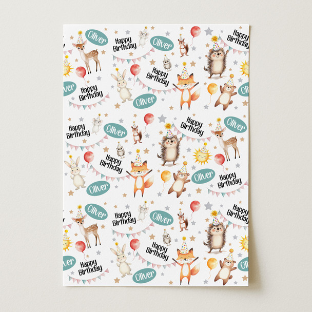 Personalised Wrapping Paper Kids Birthday White Woodland Animal Custom Gift Wrap