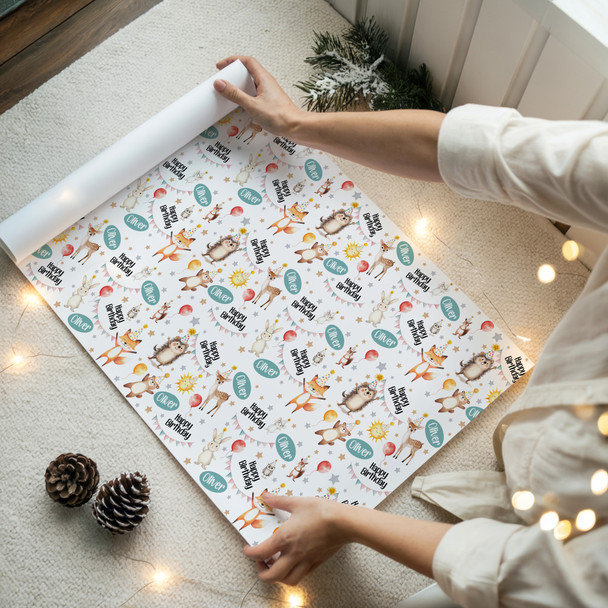 Personalised Wrapping Paper Kids Birthday White Woodland Animal Custom Gift Wrap