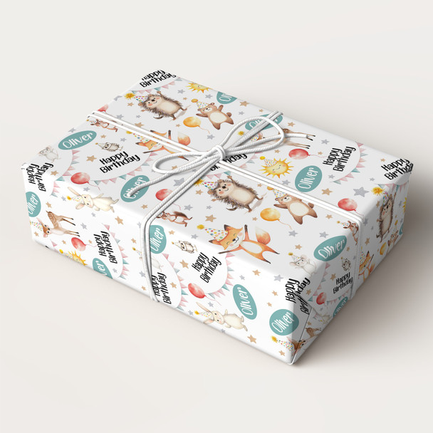 Personalised Wrapping Paper Kids Birthday White Woodland Animal Custom Gift Wrap