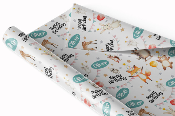 Personalised Wrapping Paper Kids Birthday White Woodland Animal Custom Gift Wrap