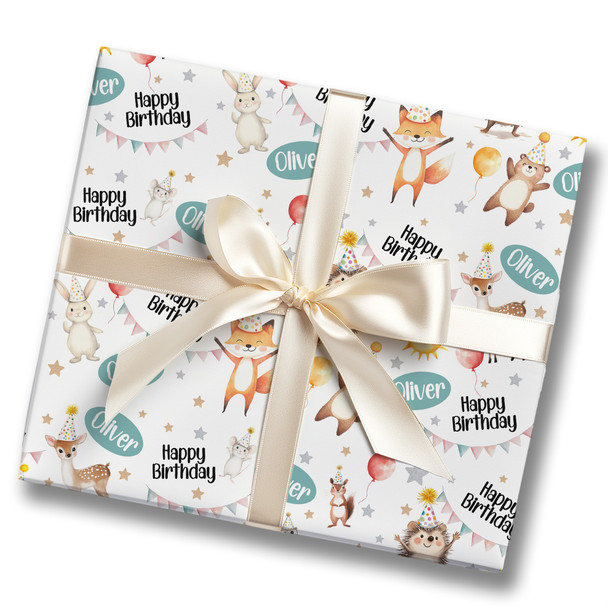 Personalised Wrapping Paper Kids Birthday White Woodland Animal Custom Gift Wrap