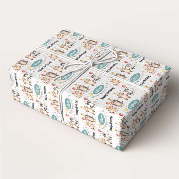 Personalised Wrapping Paper Kids Birthday Woodland Animal White Custom Gift Wrap