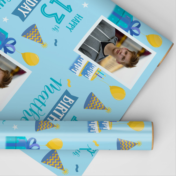 Personalised Wrapping Paper 13th Birthday Blue Photo Boys Custom Gift Wrap Personalised Wrapping Paper 13th Birthday Blue Photo Boys Custom Gift Wrap
