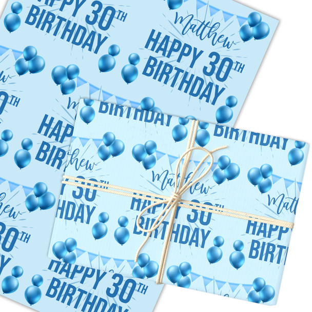 Personalised Wrapping Paper 30th Birthday Blue For Him Custom Gift Wrap