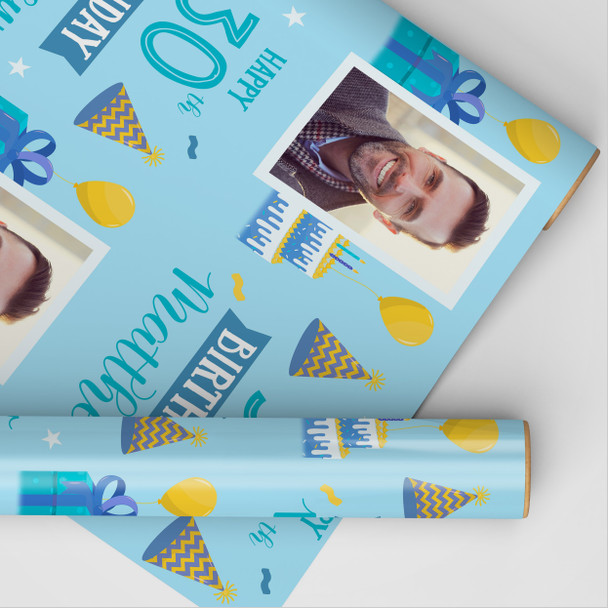 Personalised Wrapping Paper 30th Birthday Photo Blue For Him Custom Gift Wrap