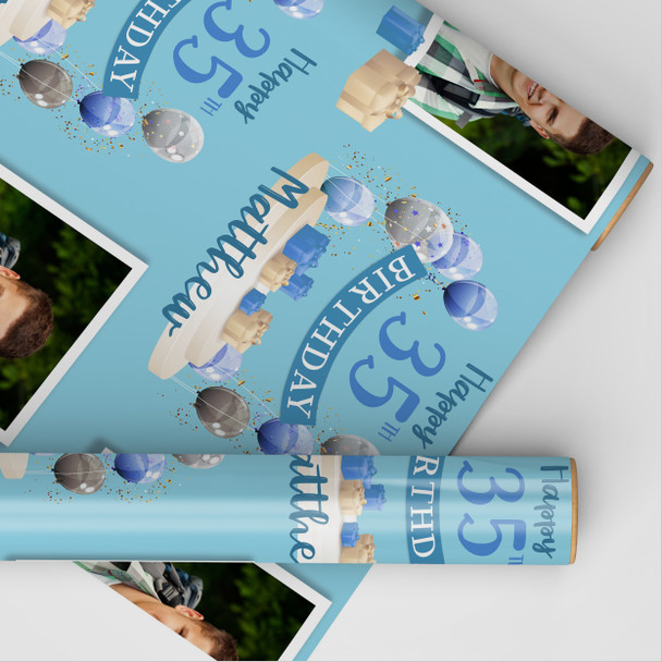 Personalised Wrapping Paper 35th Birthday Blue Photo For Him Custom Gift Wrap
