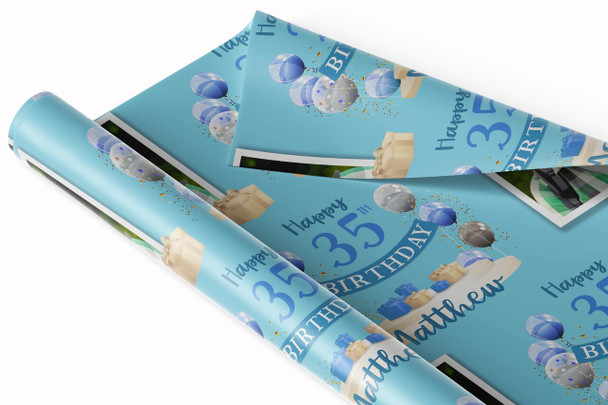 Personalised Wrapping Paper 35th Birthday Blue Photo For Him Custom Gift Wrap