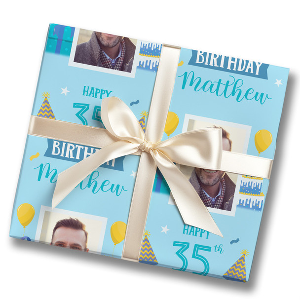 Personalised Wrapping Paper 35th Birthday Photo Blue For Him Custom Gift Wrap