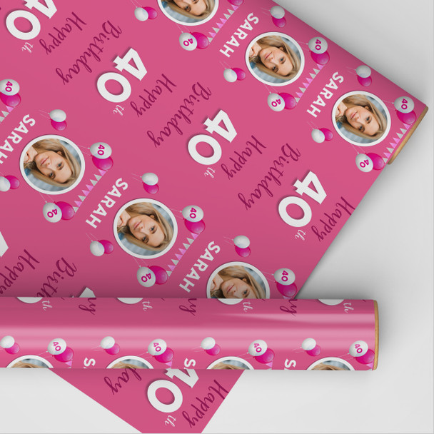 Personalised Wrapping Paper 40th Birthday Photo Pink For Her Custom Gift Wrap