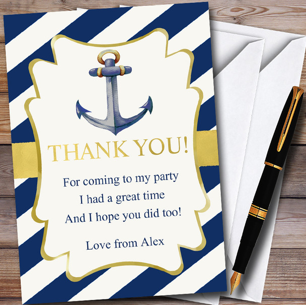 Gold & Blue Nautical Anchor Personalised Party Thank You Cards