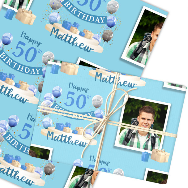 Personalised Wrapping Paper 50th Birthday Blue Photo For Him Custom Gift Wrap Personalised Wrapping Paper 50th Birthday Blue Photo For Him Custom Gift Wrap