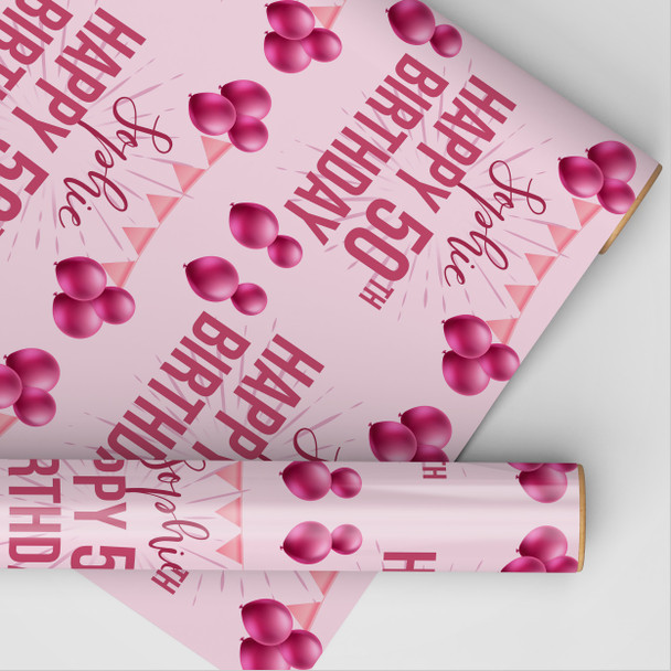 Personalised Wrapping Paper 50th Birthday Pink For Her Custom Gift Wrap