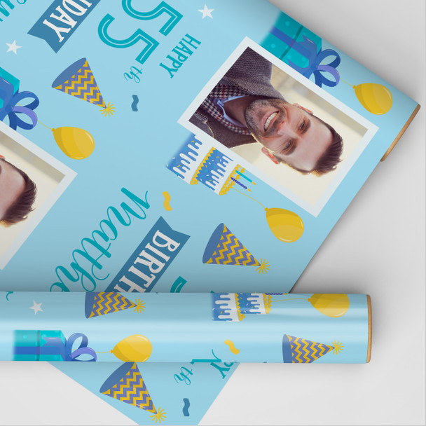 Personalised Wrapping Paper 55th Birthday Photo Blue For Him Custom Gift Wrap