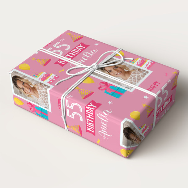 Personalised Wrapping Paper 55th Birthday Pink Photo For Her Custom Gift Wrap Personalised Wrapping Paper 55th Birthday Pink Photo For Her Custom Gift Wrap