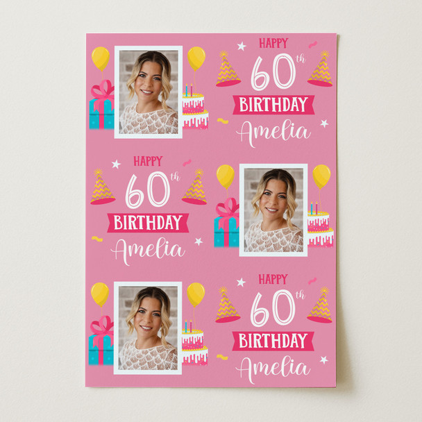 Personalised Wrapping Paper 60th Birthday Pink Photo For Her Custom Gift Wrap Personalised Wrapping Paper 60th Birthday Pink Photo For Her Custom Gift Wrap