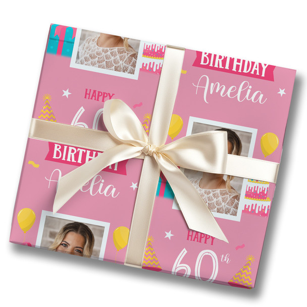 Personalised Wrapping Paper 60th Birthday Pink Photo For Her Custom Gift Wrap Personalised Wrapping Paper 60th Birthday Pink Photo For Her Custom Gift Wrap